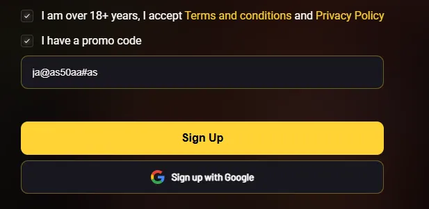 Donbet promo code ja@as50aa#as filled in on the signup form