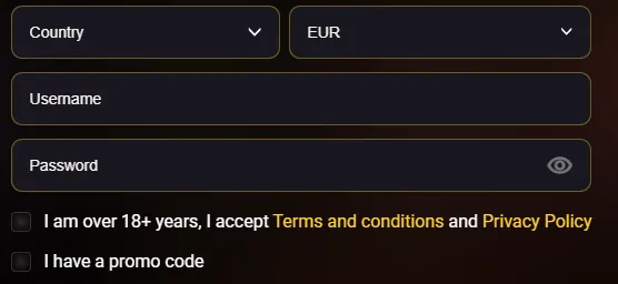 Donbet registration step 2: country, currency, username, password and promo code checkbox