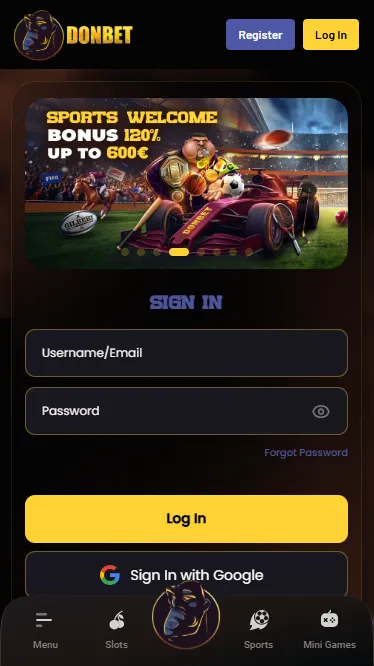 Donbet mobile login screen on a phone
