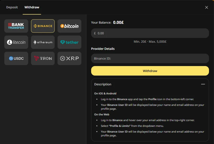 Donbet Binance Pay withdrawal screen